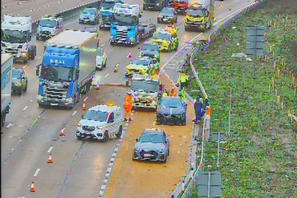 Tottenham duo escape injury after motorway tyre blowout Image: National Highways)